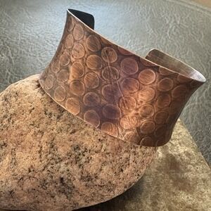 Wide Pure Copper Concave‎ Cuff, Embossed Pattern Artisan Bracelet